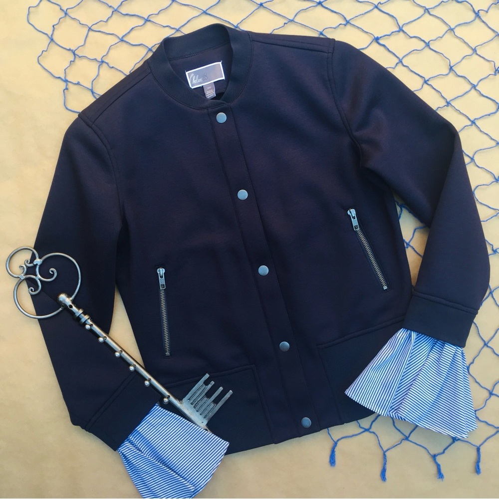 Chelsea28 .• Flounce Ruffle Bell Sleeve Baseball Jacket in Navy XXS XS